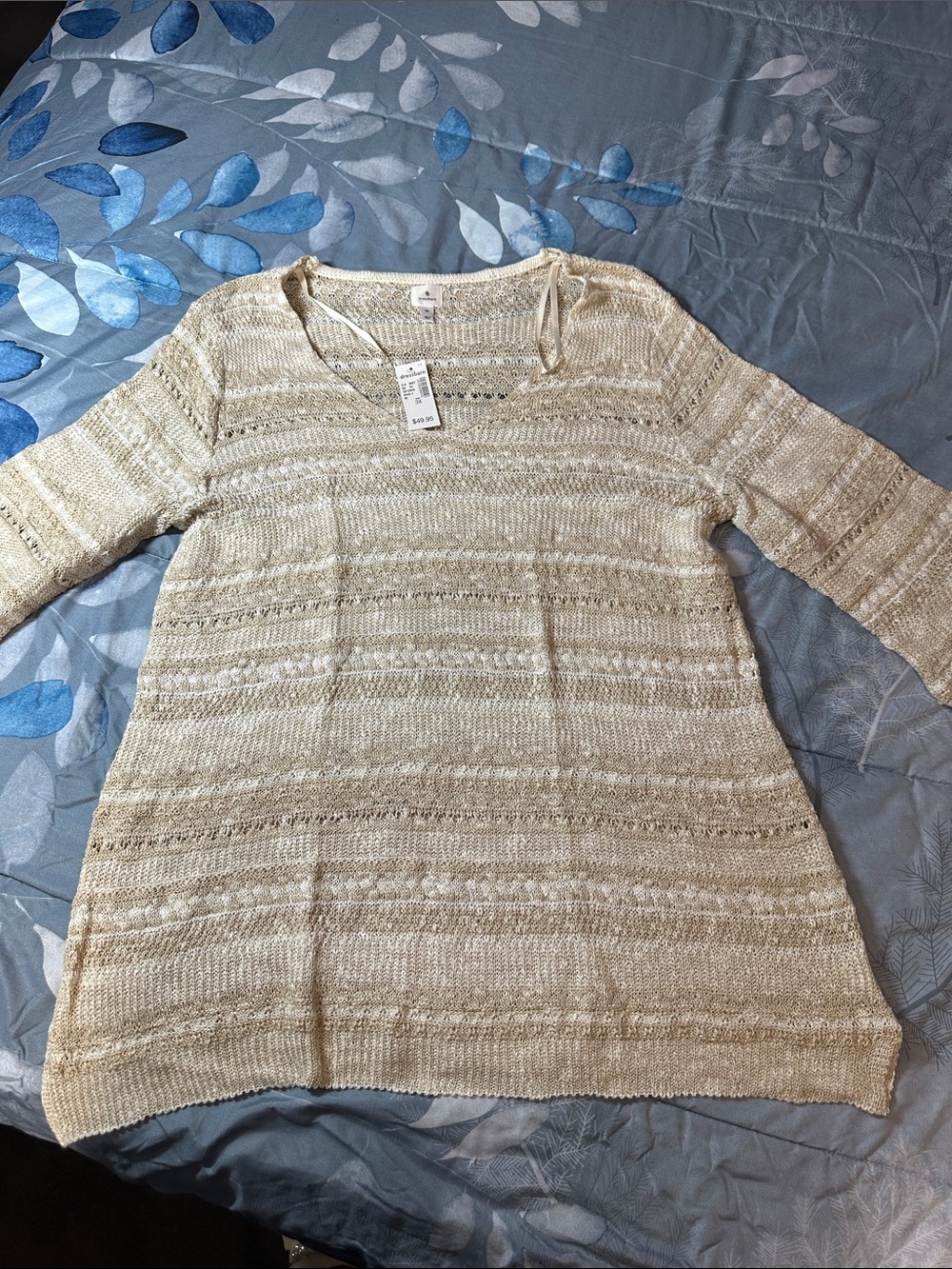 NWT dressbarn Cream Stipe Open-Knit V Neck Sweater Sz 3X